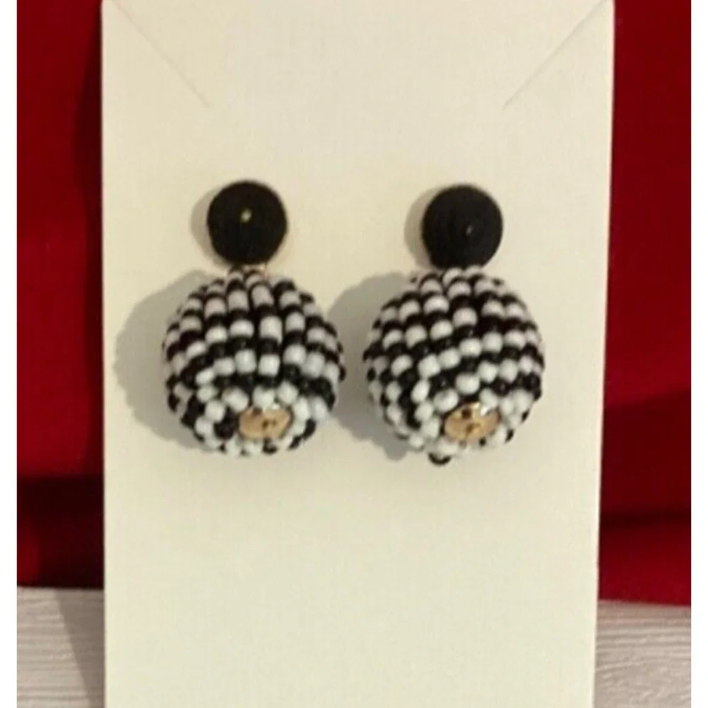 Earrings Seed Beads, Beaded Balls Navy & White Handmade‎ Nautical Boho
